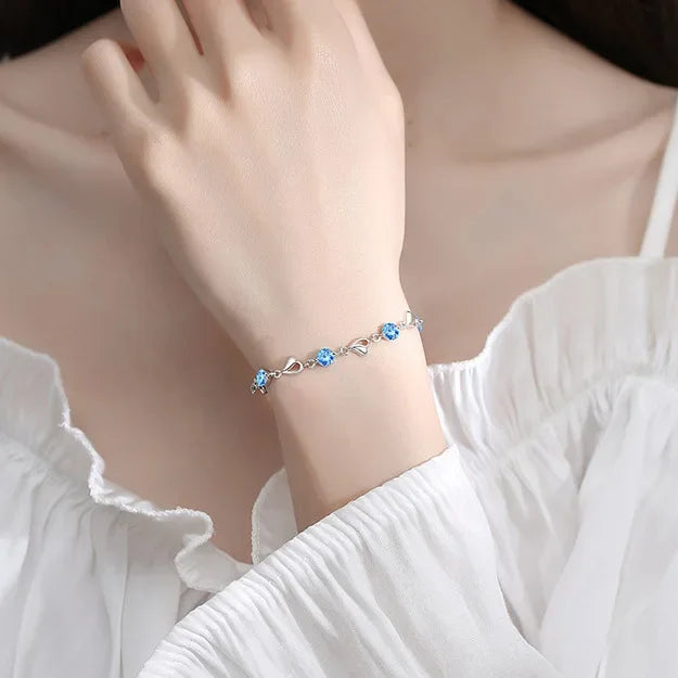 Bracelet en forme de cœur en argent pour femme, bracelets à breloques en cristal bleu