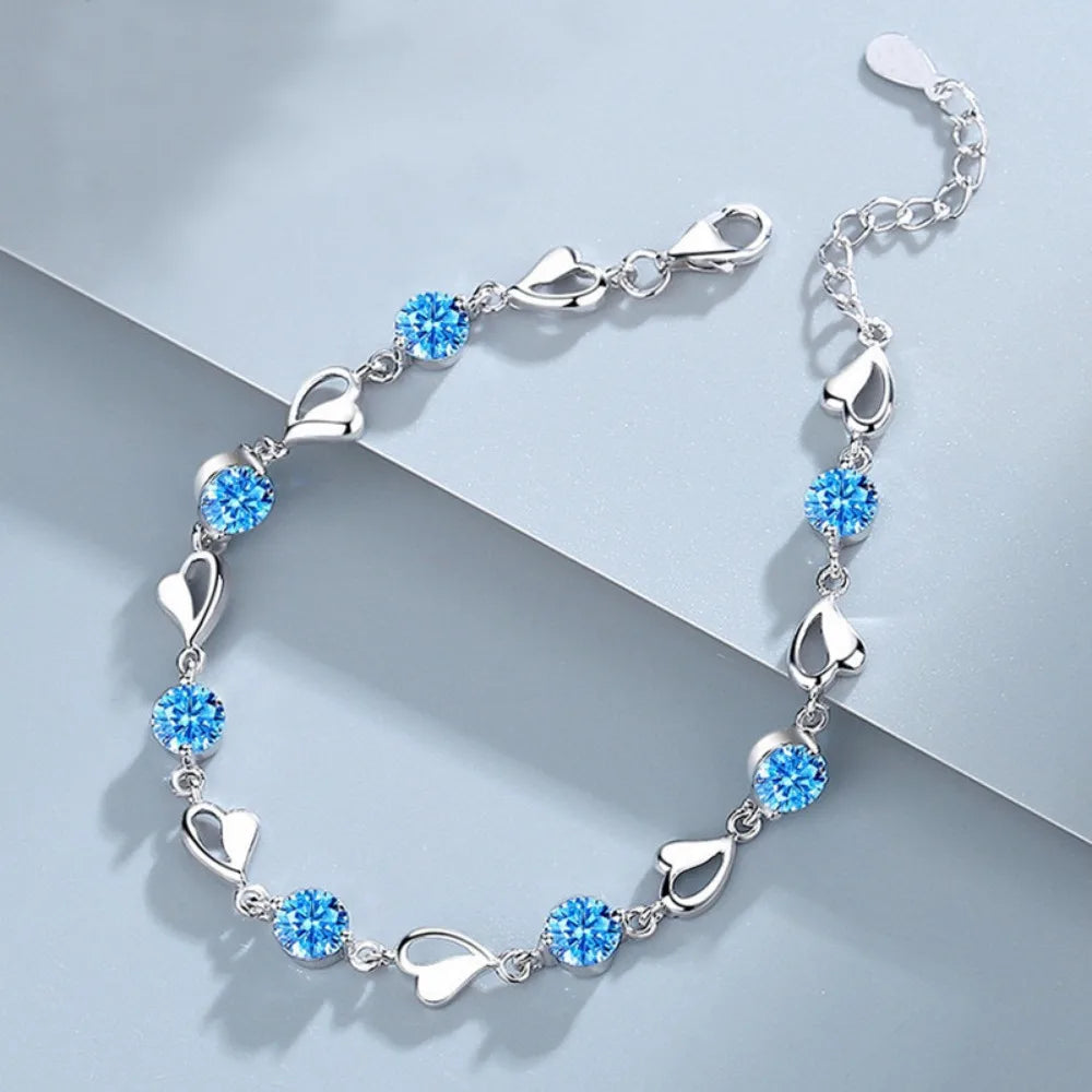 Bracelet en forme de cœur en argent pour femme, bracelets à breloques en cristal bleu