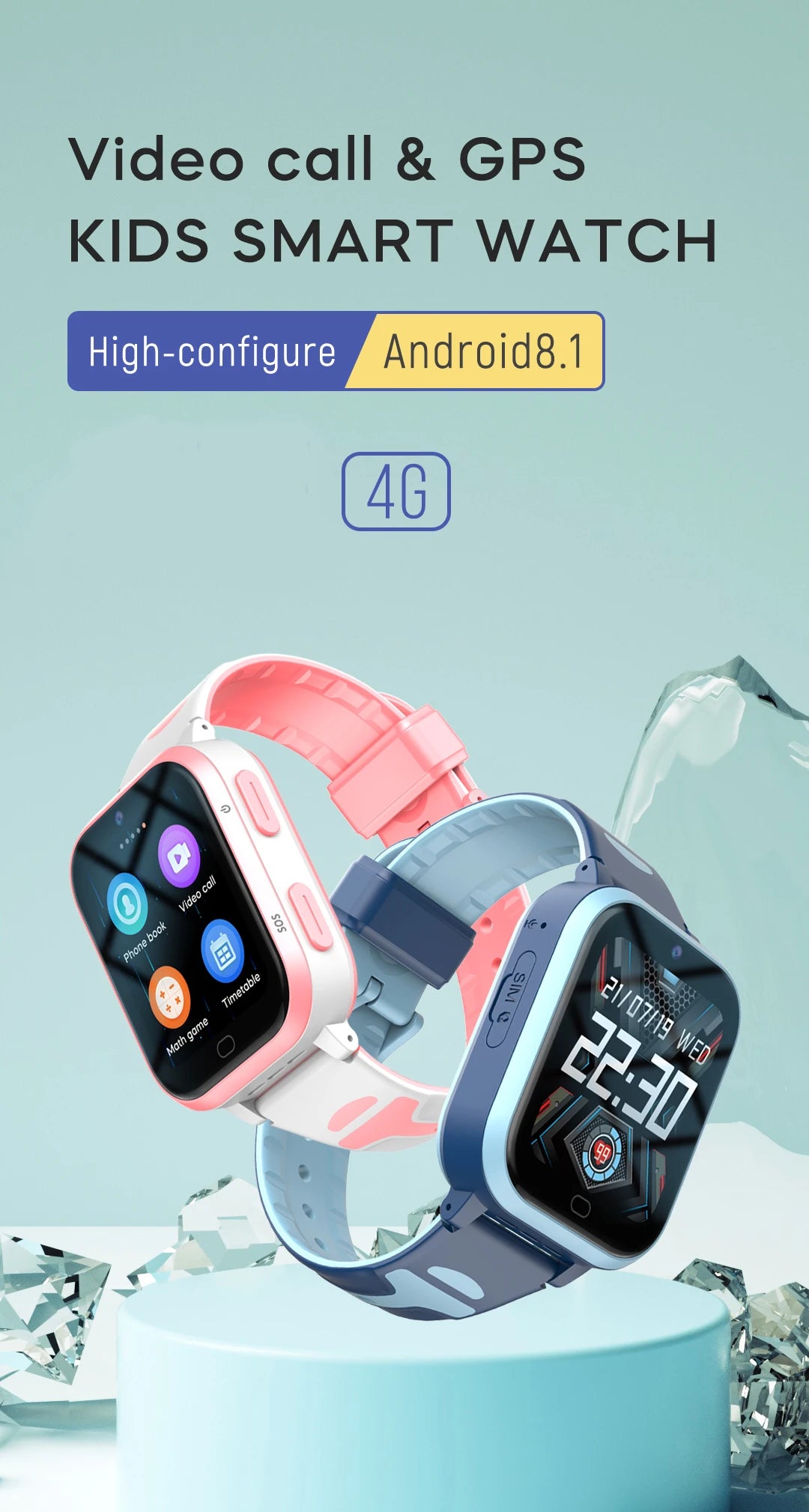 Montre Connectée 4G avec GPS pour Enfant, Fonction Wi-Fi, Fonction Appel Vidéo, 8 Go, Statique, Son du Téléphone, Moniteur de Réveil